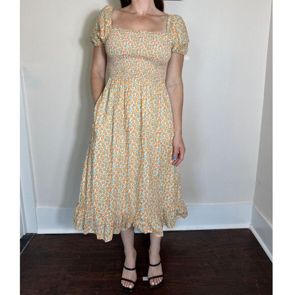 J. Crew Smocked Midi Dress Peach Print 100% Cotton Size XS - Picture 4 of 10